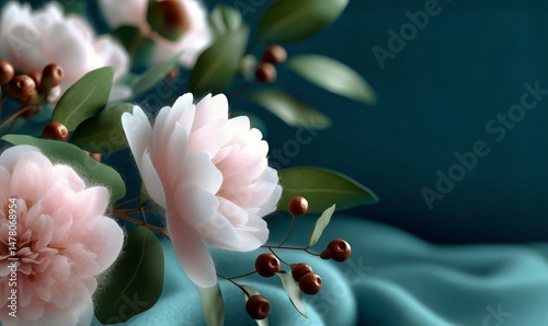 Obraz na płótnie Colorful Paper Flowers Arranged With Green Leaves on a Blue Background Showcasing Artistic Design Elements w salonie