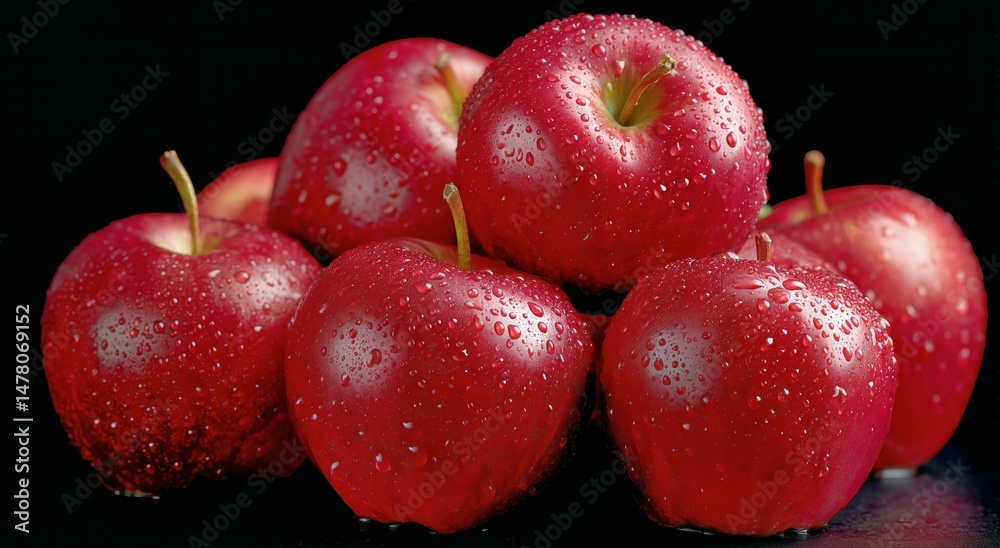 Fresh Red Apples Stacked With Droplets on Black Background for Vibrant Display