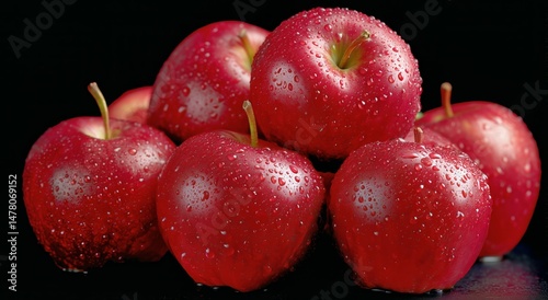 Obraz na płótnie Fresh Red Apples Stacked With Droplets on Black Background for Vibrant Display w salonie