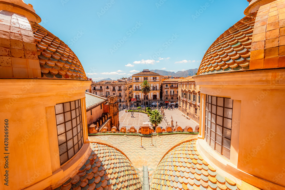 Palermo Cathedral Tower , Sicily, Italy. View from the roof of the cathedral on the city and surrounding buildings in Palermo