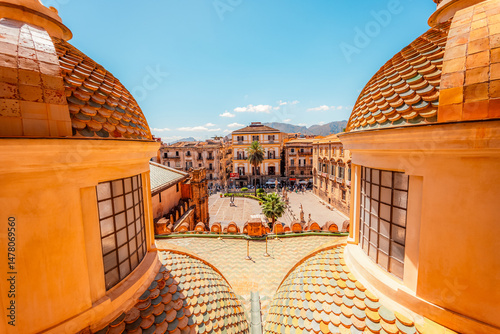 Palermo Cathedral Tower , Sicily, Italy. View from the roof of the cathedral on the city and surrounding buildings in Palermo