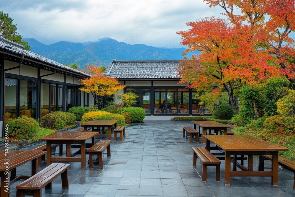 Fototapeta premium A mountain forms the background of a Japanese garden that contains a wooden table and chairs