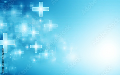 Bright blue medical pattern with cross symbols and light center abstract background, Perfect for healthcare services and pharmaceutical concepts
