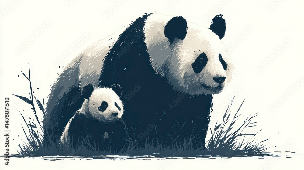 Naklejka premium Charming Black and White Bears in a Natural Setting Adorable Cubs with Their Parent Wildlife