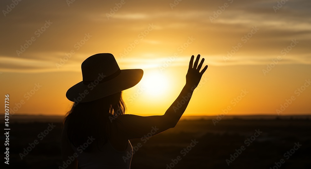 Fototapeta premium Woman Shielding Sun at Sunset