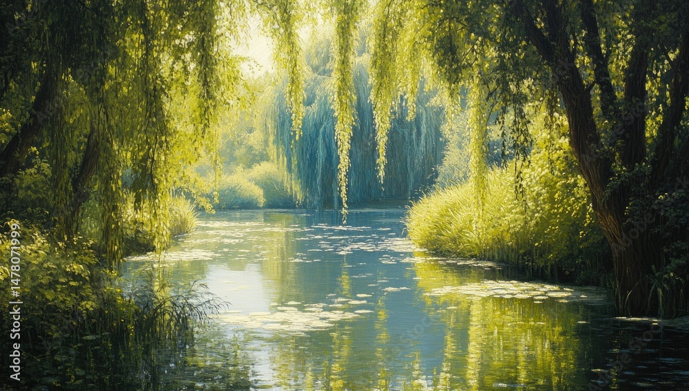 Obraz premium Sunlit River with Willow Trees, and Summer.