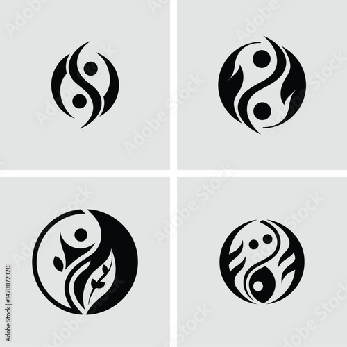 Abstract yin yang symbol logo designs showcasing equilibrium balance and harmony icons