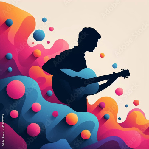 Expressive Guitarist Silhouette with Floating Spherical Energy