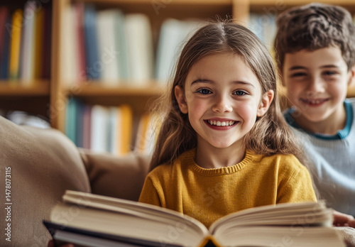 Happy children reading together in a library setting