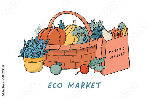 Organic food drawing, eco market doodles with paper bag, basket and vegetables for cards, posters, prints, stickers, banners. Green grocery, farming theme. EPS 10