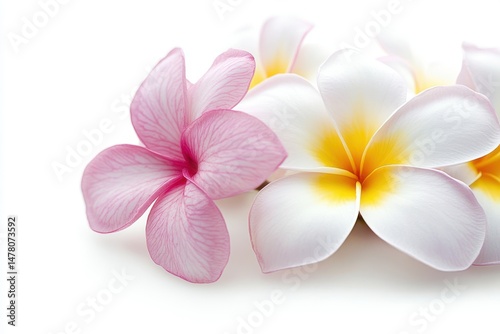 Close up of pink and white frangipani flowers on a white surface