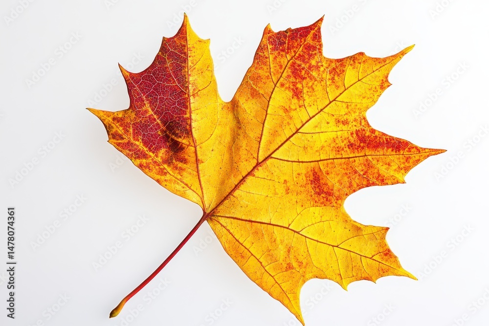 Obraz premium Close up of a vibrant maple leaf with autumn colors on white paper