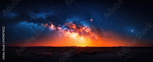 A vibrant celestial panorama of a desert landscape.