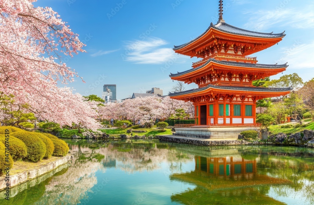 Fototapeta premium Cherry blossoms reflecting off a tranquil lake in a Japanese garden during spring