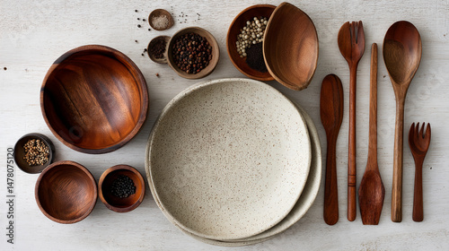 Flat lay showcasing wooden bowls, spoons, and spices on a white surface, creating a rustic kitchen scene ideal for food blogs or culinary websites