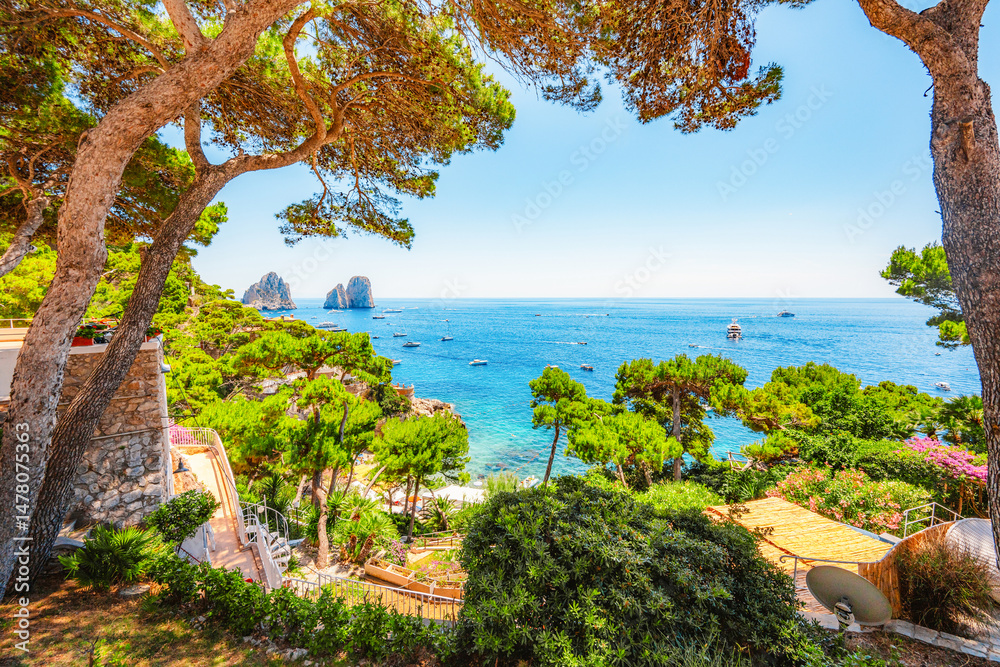 Via Krupp on Capri island in Italy. Faraglioni Rocks, Marina Piccola and Monte Solaro on Capri Island, Italy