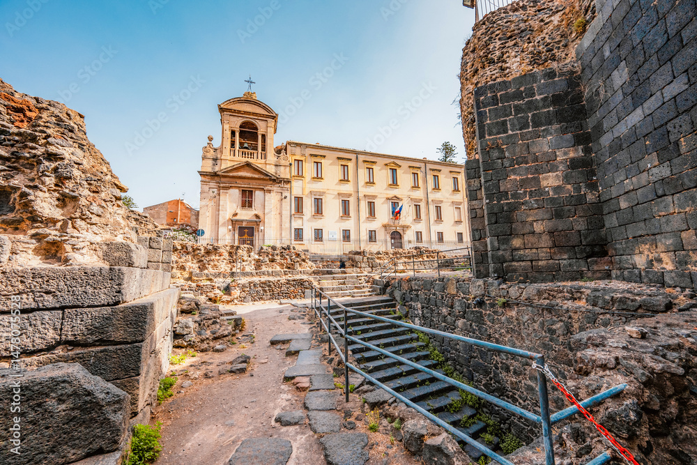 Ancient Roman theater in Catania, SIcily, Italy. Built from the limestone and black lava.