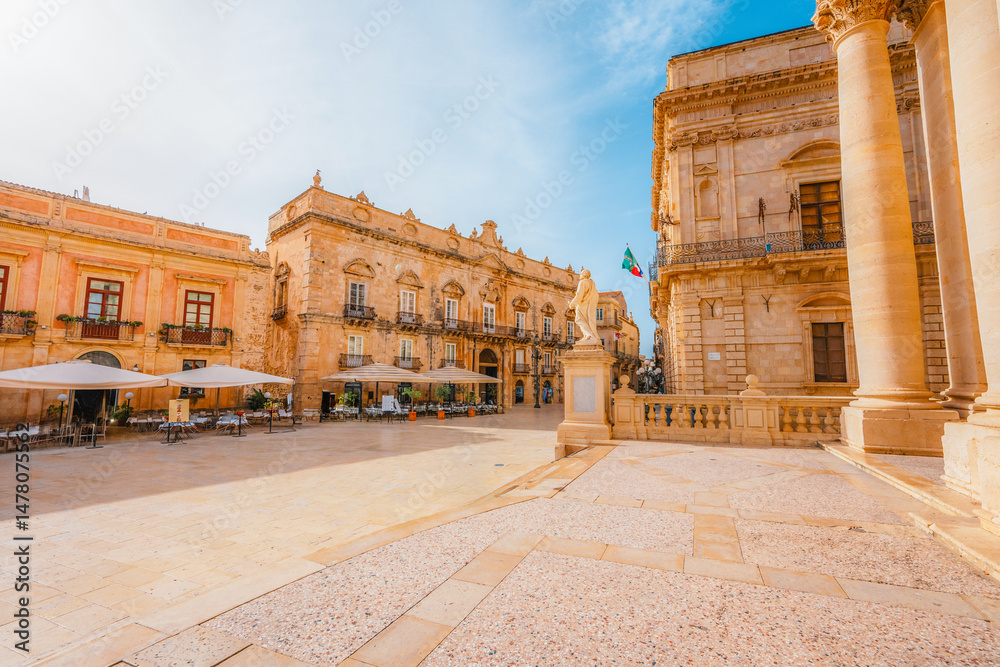 Ortigia island, old cityspace town in Syracuse. Small island on Sicily, Italy. Main square with Syracuse Cathedral