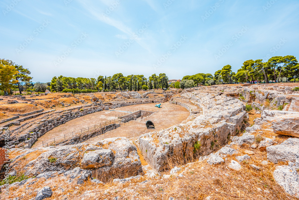 Roman amphitheater of Syracuse Sicily in the Neapolis archaeological park, Italy