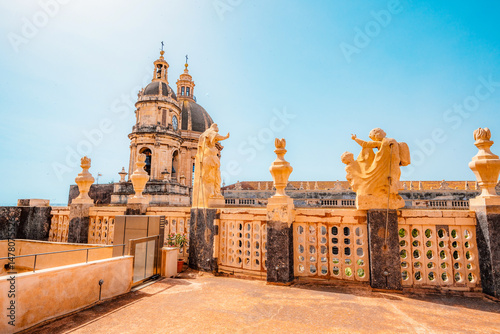 View fom Chiesa della Badia di Sant'Agata on Cathedral Sant Agata on Piazza del Duomo with Elephant Fountain.  in Catania, Sicily, Italy.