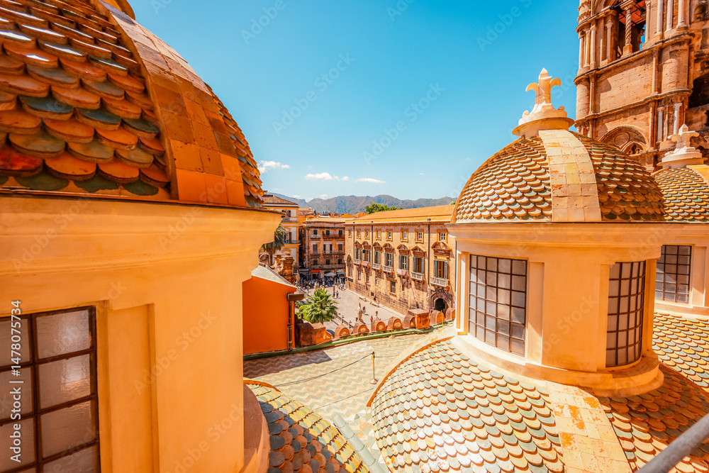 Palermo Cathedral Tower , Sicily, Italy. View from the roof of the cathedral on the city and surrounding buildings in Palermo