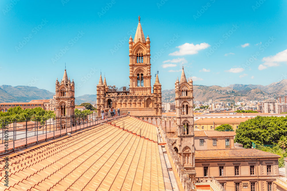 Palermo Cathedral Tower , Sicily, Italy. View from the roof of the cathedral on the city and surrounding buildings in Palermo