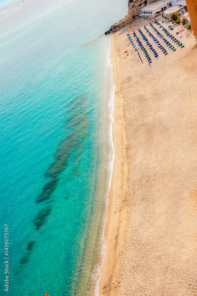 Tropea, Calabria, Italy. Church of Santa Maria dell'Isola. Monastery and coastline with azure crystal-clear water