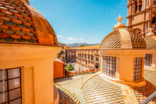Obraz na płótnie Palermo Cathedral Tower , Sicily, Italy. View from the roof of the cathedral on the city and surrounding buildings in Palermo w salonie