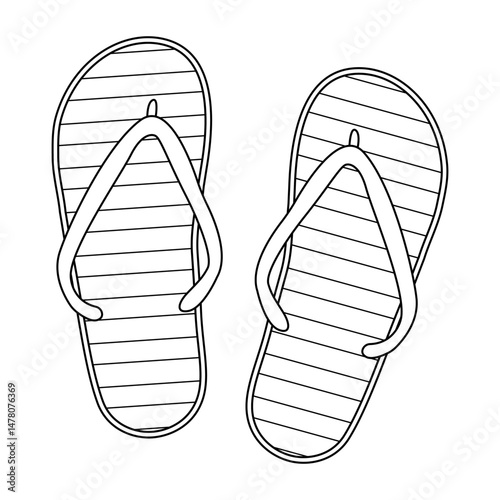 Coloring page with summer outline drawing of beach flip flops in stripes. Beach shoes. Striped foot slippers. Ideal for entertaining kids, garments, clothes, summertime, outdoor black and white design