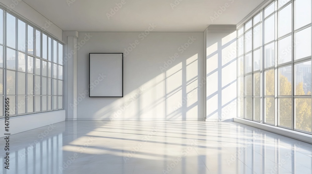 Fototapeta premium A spacious, modern room filled with natural light from a large window. 