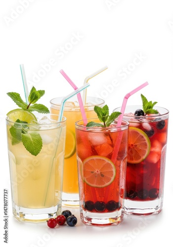 Wallpaper Mural Assorted colorful cocktails with ice cubes and fruit slices in tall glasses with straws Torontodigital.ca