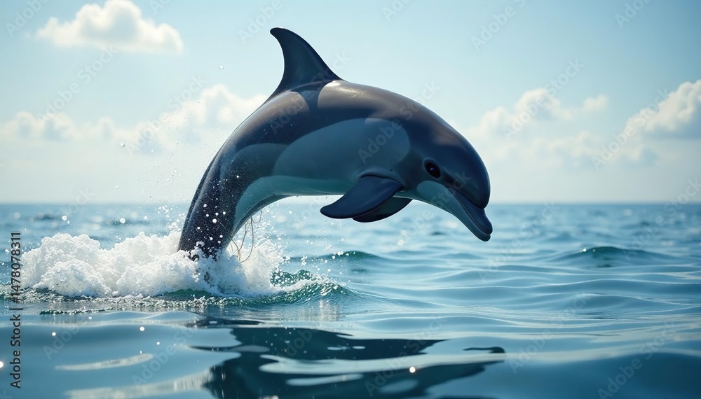 Fototapeta premium Powerful dolphin jumps bright sky serene water, bright, sky