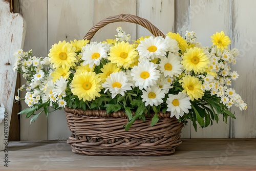 yellow and white daisies in rustic basket on wooden bench