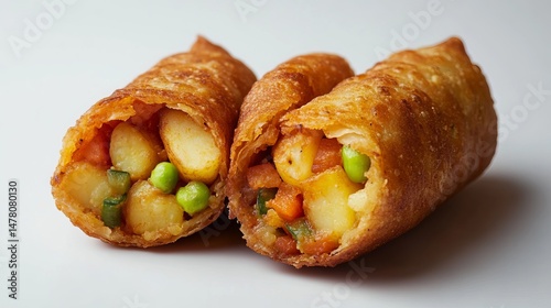 Crispy, delicious samosas, filled with potatoes and vegetables, are shown close-up against a white background.  A perfect Indian snack.
 