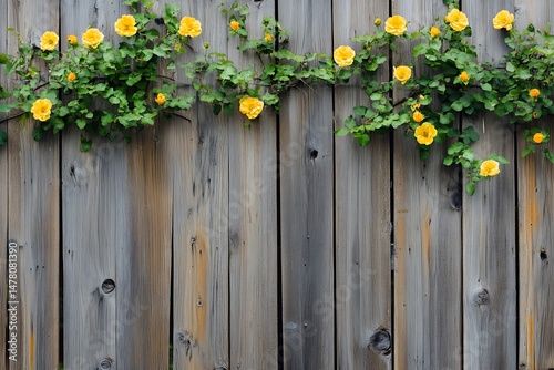 yellow roses blooming on rustic fence Spring
