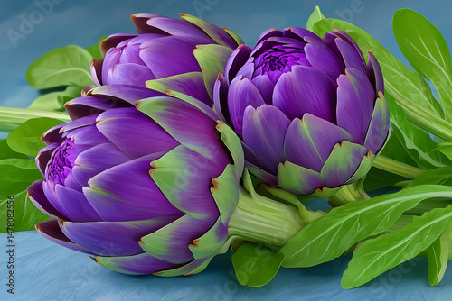 Vibrant artichokes with green leaves on blue background in artistic style