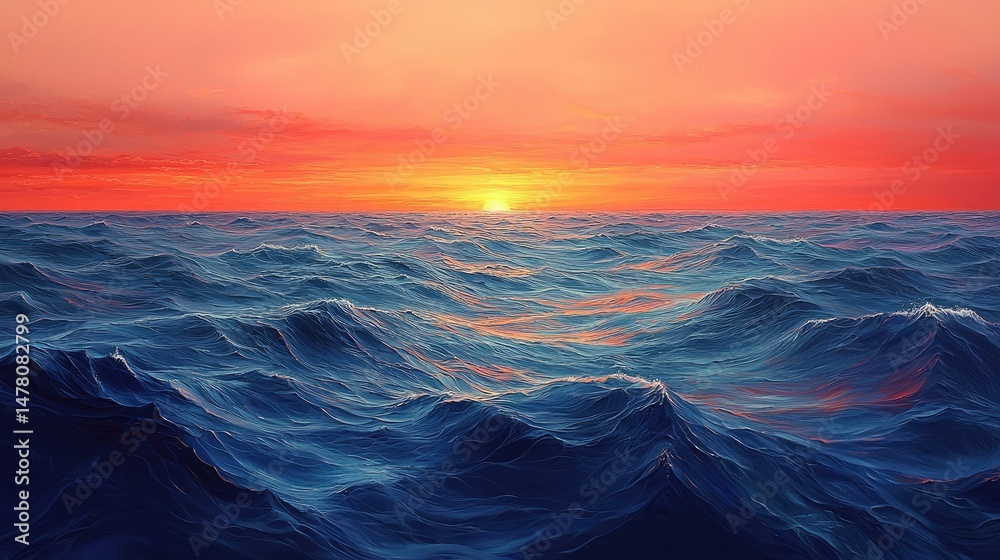 Obraz premium Serene sunset over tranquil ocean waves, reflecting vibrant colors in the sky