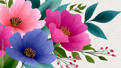 Vibrant watercolor floral arrangement featuring pink, purple, and green elements