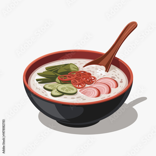 Rice Congee with Vegetables and Chili Garnish