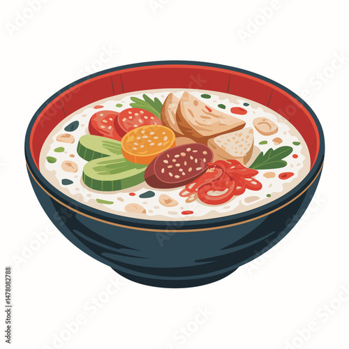 Rice Congee with Vegetables and Chili Garnish