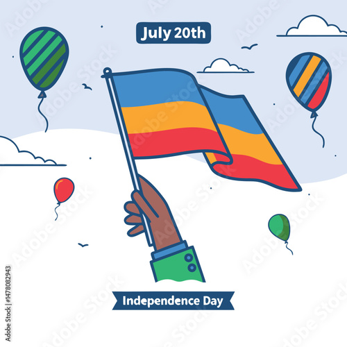 Celebration of independence day on july 20th with balloons and a waving flag illustration