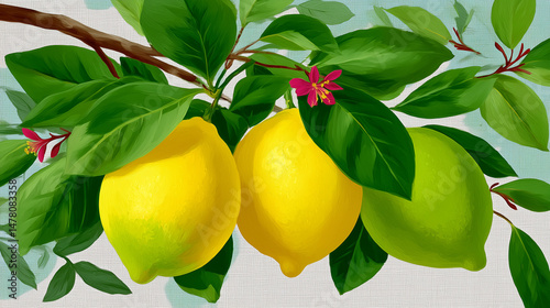 Three ripe lemons with green fruit and flowers on branch in colorful illustration