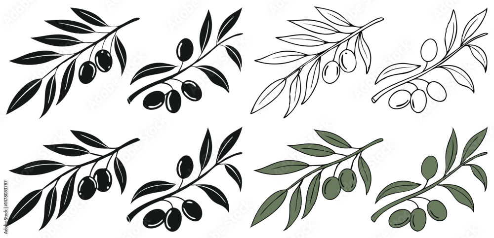 Fototapeta premium Set of olive branch illustrations in various artistic styles