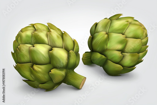 Two fresh green artichokes with textured leaves on light gray background