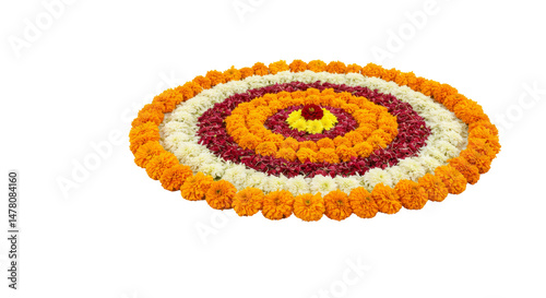 Flower Rangoli for Diwali or Pongal Festival made using Marigold or Zendu flowers and Rose petals isolated on transparent background, selective focus , PNG 
