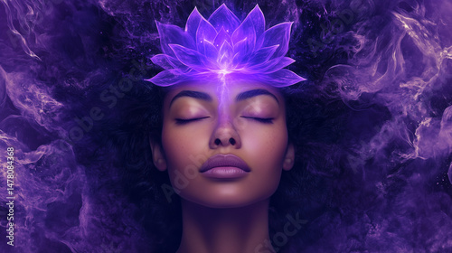 spiritual woman with purple lotus flower on her forehead. transcendence and connection to the universe with purple stream of consciousness. seventh chakra crown chakra activation. purple background