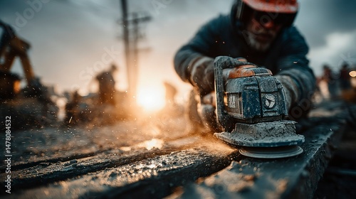 Industrial Worker Using Angle Grinder at Sunset Safety Gear Sparks Flying Construction Site