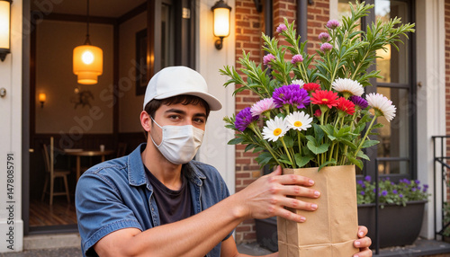 Young man wearing mask holds bouquet of flowers at doorstep