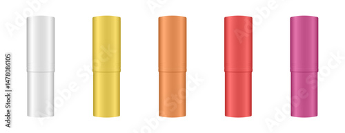 Mockup of closed lip balm tubes. Cosmetic stick. Tinted lip balm. Lipstick. White, yellow, orange, red and purple colors	