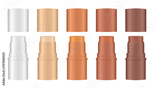 Mockup of open cosmetic sticks. Cosmetic tube. Face contouring pen, highlighter or bronzer. Concealer or foundation. White, beige, bronze and brown containers